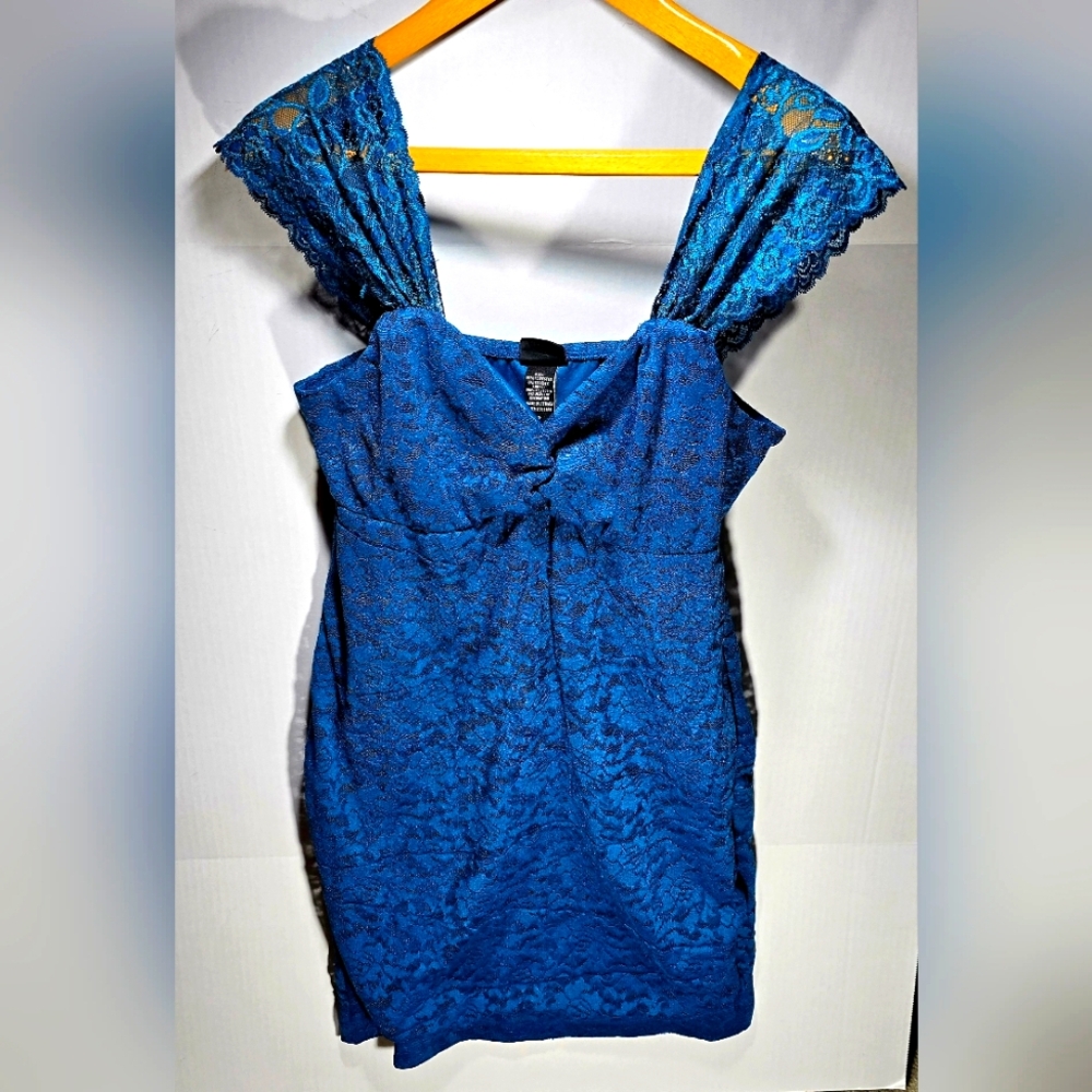 TORRID Size 2 (2X) Blue Teal Lined Lace Dress with Lace Shoulder Straps